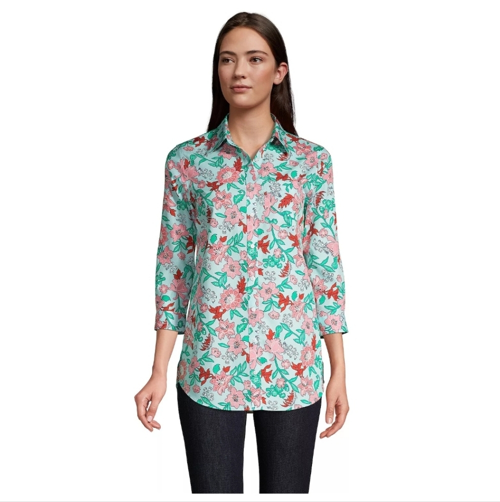 Lands' End Floral No Iron Supima 100% Cotton Lightweight 3/4 Sleeve Tunic W's 16